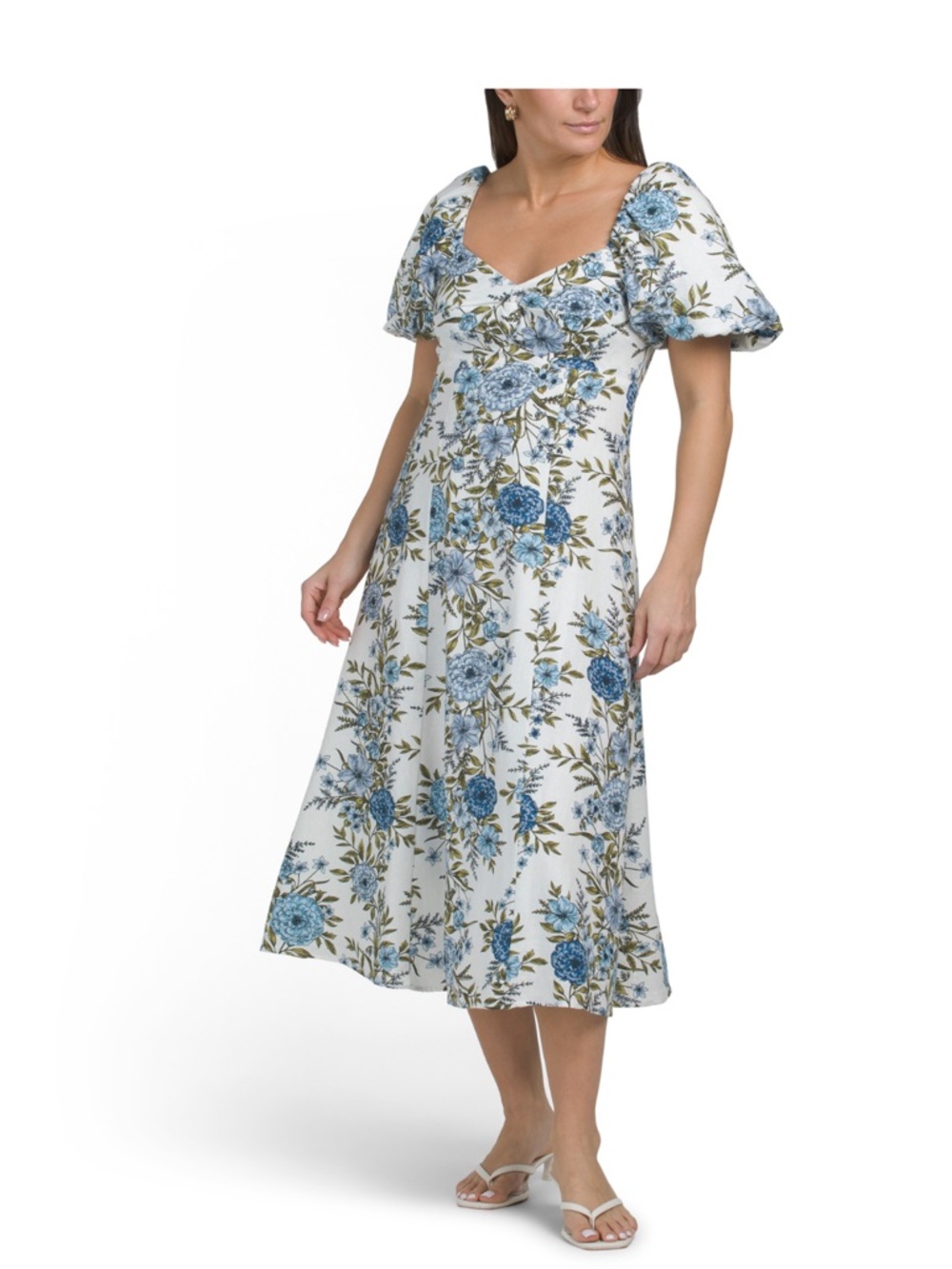Avec Les Filles linen blend blue floral twist front puff sleeve midi dress Euro